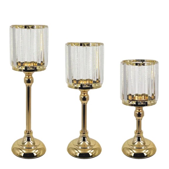 ΚΗΡΟΠΗΓΕΙΑ ΣΕΤ/3 ΜΕΤΑΛΛΙΚA ΧΡΥΣΟ/ΛΕΥΚΟ ΔΙΣΚΟΠΟΤΗΡΟ ΜΕ ΚΡΥΣΤΑΛΛΑ-S:Φ11x25,Μ:Φ11x33,L:Φ11x38cm 6/ΚΙΒ – Δίνει premium χαρακτήρα στο