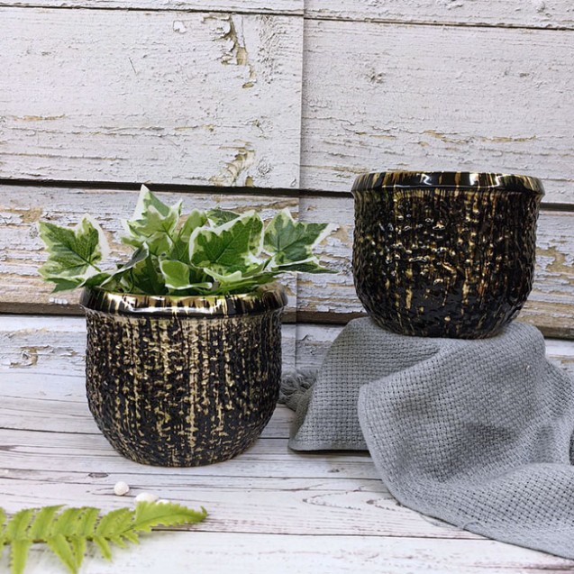 ΚΑΣΠΩ ΣΤΡΟΓΓΥΛΟ ΜΑΥΡΟ/ΧΡΥΣΟ ΥΑΛΩΜΕΝΟ ΣΑΓΡΕ ΜΕΣΑΙΟ - Φ14.5x12cm 1/18ΚΙΒ – Ταιριάζει σε κάθε μοντέρνο ή επαγγελματικό χώρο | iroot