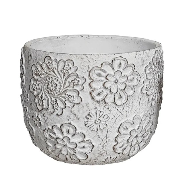 ΚΑΣΠΩ ΣΤΡΟΓΓΥΛΟ ΛΕΥΚΟ ΜΟΤΙΒΟ ΛΟΥΛΟΥΔΙΑ ΑΝΑΓΛΥΦΑ - Φ17x14.5cm 8/ΚΙΒ – Ταιριάζει σε κάθε μοντέρνο ή επαγγελματικό χώρο | iroots.gr