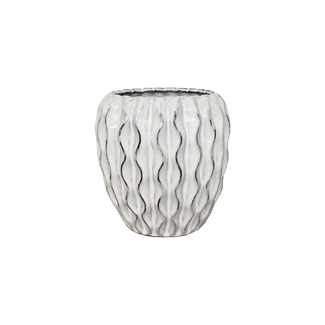 ΒΑΖΟ ΠΗΛΙΝΟ ΛΕΥΚΟ ΚΥΛΙΝΔΡΙΚΟ ΜΕ ΜΑΥΡΕΣ ΡΑΒΔΩΣΕΙΣ - Φ19x19cm 6/ΚΙΒ – Προσφέρει μοναδική αισθητική | iroots.gr