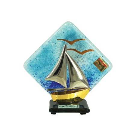 ΔΙΑΚΟΣΜΗΤΙΚΟ ΓΥΑΛΙΝΟ ΦΟΥΤΖΙ ΜΠΛΕ ΜΕ ΚΑΡΑΒΑΚΙ ΜΕΤΑΛΛΙΚΟ - 12x11cm – Ταιριάζει σε κάθε μοντέρνο ή επαγγελματικό χώρο | iroots.gr