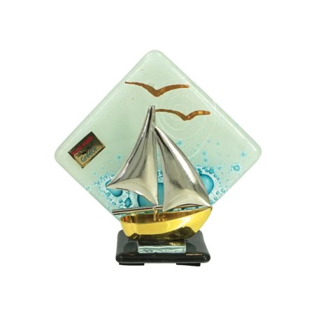 ΔΙΑΚΟΣΜΗΤΙΚΟ ΓΥΑΛΙΝΟ ΦΟΥΤΖΙ ΛΕΥΚΟ ΜΕ ΚΑΡΑΒΑΚΙ ΜΕΤΑΛΛΙΚΟ - 12x11cm – Προσφέρει μοναδική αισθητική | iroots.gr