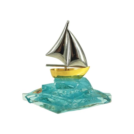 ΔΙΑΚΟΣΜΗΤΙΚΟ ΓΥΑΛΙΝΟ ΦΟΥΤΖΙ ΜΠΛΕ ΜΕ ΚΑΡΑΒΑΚΙ ΜΕΤΑΛΛΙΚΟ - 11.5x10.5cm – Δημιουργεί αίσθηση πολυτέλειας χωρίς κόπο | iroots.gr