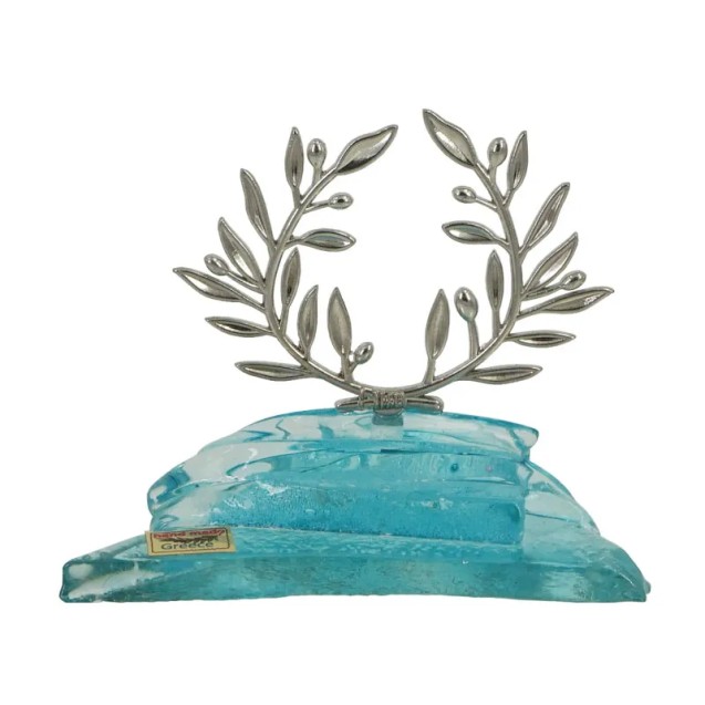 ΔΙΑΚΟΣΜΗΤΙΚΟ ΓΥΑΛΙΝΟ ΦΟΥΤΖΙ ΜΠΛΕ ΜΕ ΣΤΕΦΑΝΙ ΕΛΙΑΣ ΜΕΤΑΛΛΙΚΟ ΑΣΗΜΙ - 12x10.5cm – Δημιουργεί αίσθηση πολυτέλειας χωρίς κόπο | iroo