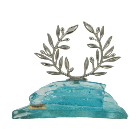 ΔΙΑΚΟΣΜΗΤΙΚΟ ΓΥΑΛΙΝΟ ΦΟΥΤΖΙ ΜΠΛΕ ΜΕ ΣΤΕΦΑΝΙ ΕΛΙΑΣ ΜΕΤΑΛΛΙΚΟ ΑΣΗΜΙ - 12x10.5cm – Δημιουργεί αίσθηση πολυτέλειας χωρίς κόπο | iroo