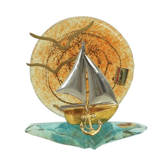 ΔΙΑΚΟΣΜΗΤΙΚΟ ΓΥΑΛΙΝΟ ΦΟΥΤΖΙ ΗΛΙΟΒΑΣΙΛΕΜΑ ΜΕ ΓΛΑΡΟΥΣ & ΚΑΡΑΒΙ ΜΕ ΑΓΚΥΡΑ ΜΕΤΑΛΛΙΚΑ - 12x10.5cm – Προσφέρει μοναδική αισθητική | ir