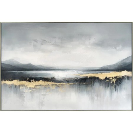 ΠΙΝΑΚΑΣ ΚΑΜΒΑΣ ΑΣΠΡΟΜΑΥΡΟ/ΧΡΥΣΟ ΛΙΜΝΗ & ΒΟΥΝΑ ΣΕ ΚΟΡΝΙΖΑ - 122.5x82.5x3.5cm 6/KIB – Δίνει premium χαρακτήρα στο περιβάλλον | iro