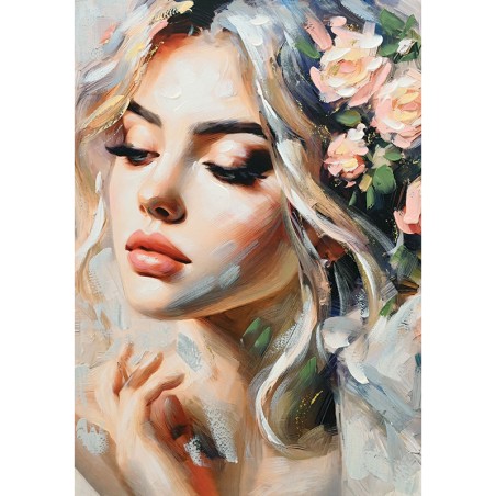 ΠΙΝΑΚΑΣ ΚΑΜΒΑΣ ΜΠΕΖ ΟΜΟΡΦΗ ΓΥΝΑΙΚΑ ΜΕ ΛΟΥΛΟΥΔΙΑ ΣΤΟ ΚΕΦΑΛΙ 70x100CM 8/KIB – Ταιριάζει σε κάθε μοντέρνο ή επαγγελματικό χώρο | ir