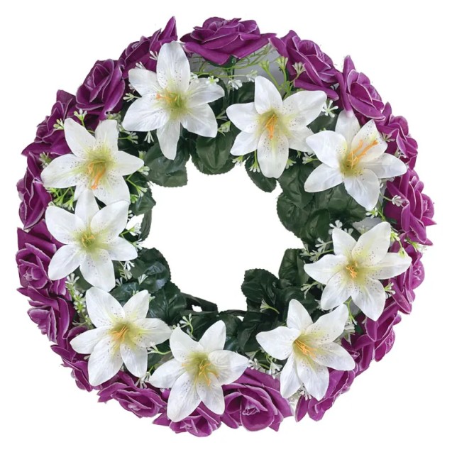 ΣΤΕΦΑΝΙ ΛΟΥΛΟΥΔΙΩΝ ΜΩΒ/ΛΕΥΚΟ ΤΡΙΑΝΤΑΦΥΛΛΟ/ΚΡΙΝΟΣ - Φ46cm 16/ΚΙΒ – Αναβαθμίζει άμεσα τον χώρο σου | iroots.gr