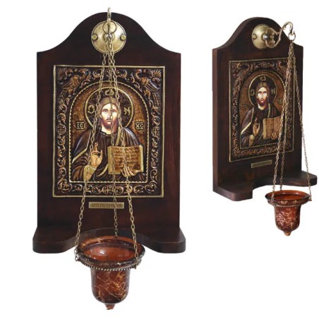 ΕΙΚΟΝΟΣΤΑΣΙ ME ΑΛΥΣΙΔΑ/ΚΡΕΜΑΣΤΟ ΓΥΑΛΙ ΧΡΙΣΤΟΣ ΕΥΛΟΓΩΝ (ΜΕ ΠΑΓΩΝΙΑ) - 24x40cm – Αναβαθμίζει άμεσα τον χώρο σου | iroots.gr