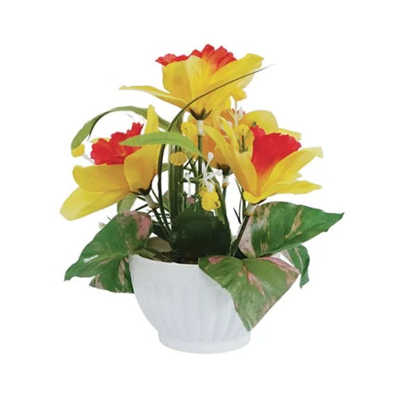 KIΤΡΙΝΟ/ΛΕΥΚΟ ΜΙΝΙ ΑΝΘΟΣΥΝΘΕΣΗ ΣΕ ΠΛΑΣΤΙΚΟ ΓΛΑΣΤΡΑΚΙ - Υ18cm – Δίνει premium χαρακτήρα στο περιβάλλον | iroots.gr