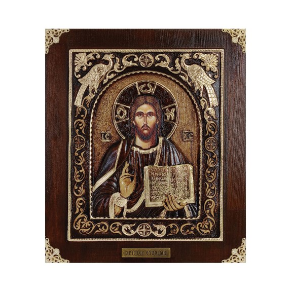 ΞΥΛΙΝΗ ΕΙΚΟΝΑ -ΧΡΙΣΤΟΣ EYΛΟΓΩΝ (ΜΕ ΠΑΓΩΝΙΑ)- ΑΝΑΓΛΥΦΗ ΜΕ ΦΥΛΛΑ ΧΡΥΣΟΥ - 24x28cm – Δημιουργεί αίσθηση πολυτέλειας χωρίς κόπο | ir
