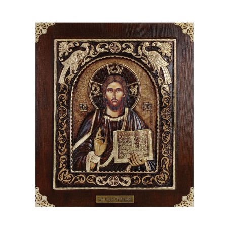 ΞΥΛΙΝΗ ΕΙΚΟΝΑ -ΧΡΙΣΤΟΣ EYΛΟΓΩΝ (ΜΕ ΠΑΓΩΝΙΑ)- ΑΝΑΓΛΥΦΗ ΜΕ ΦΥΛΛΑ ΧΡΥΣΟΥ - 24x28cm – Δημιουργεί αίσθηση πολυτέλειας χωρίς κόπο | ir