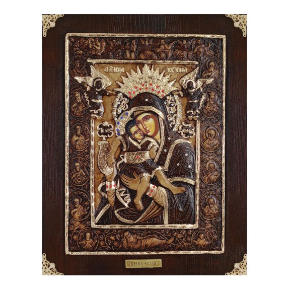 ΞΥΛΙΝΗ ΕΙΚΟΝΑ -ΑΞΙΟΝ ΕΣΤΙ- ΑΝΑΓΛΥΦΗ ΜΕ ΦΥΛΛΑ ΧΡΥΣΟΥ & ΠΕΤΡΕΣ ΖΙΡΓΚΟΝ - 27.5x35cm – Δίνει premium χαρακτήρα στο περιβάλλον | iroo