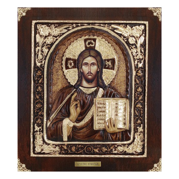 ΞΥΛΙΝΗ ΕΙΚΟΝΑ -ΧΡΙΣΤΟΣ ΕΥΛΟΓΩΝ (ΜΕ ΠΛΑΙΣΙΟ)- ΑΝΑΓΛΥΦΗ ΜΕ ΦΥΛΛΑ ΧΡΥΣΟΥ - 32x36.5cm – Προσφέρει μοναδική αισθητική | iroots.gr