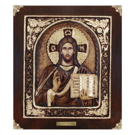 ΞΥΛΙΝΗ ΕΙΚΟΝΑ -ΧΡΙΣΤΟΣ ΕΥΛΟΓΩΝ (ΜΕ ΠΛΑΙΣΙΟ)- ΑΝΑΓΛΥΦΗ ΜΕ ΦΥΛΛΑ ΧΡΥΣΟΥ - 32x36.5cm – Προσφέρει μοναδική αισθητική | iroots.gr