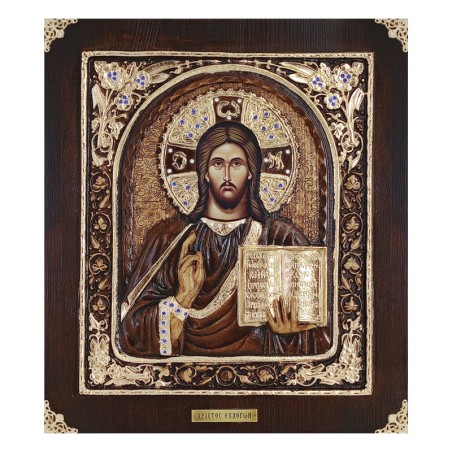 ΞΥΛΙΝΗ ΕΙΚΟΝΑ -ΧΡΙΣΤΟΣ ΕΥΛΟΓΩΝ (ΜΕ ΠΛΑΙΣΙΟ)- ΑΝΑΓΛΥΦΗ ΜΕ ΦΥΛΛΑ ΧΡΥΣΟΥ & ΠΕΤΡΕΣ ΖΙΡΓΚΟΝ - 32x36.5cm – Ταιριάζει σε κάθε μοντέρνο 