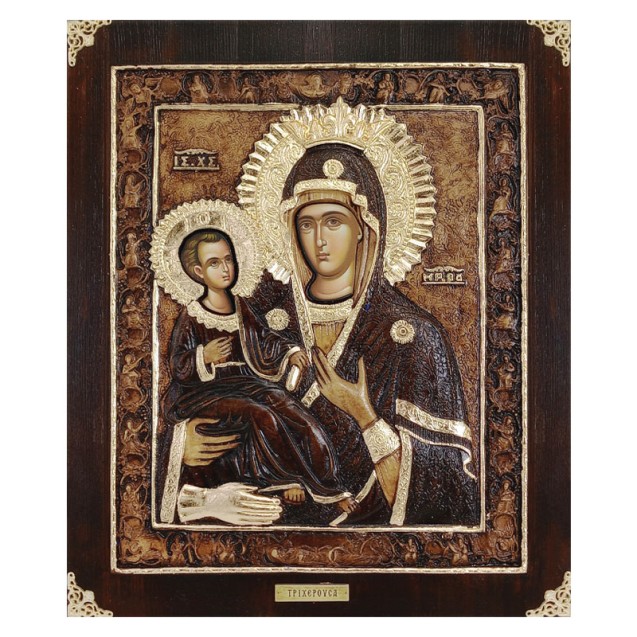 ΞΥΛΙΝΗ ΕΙΚΟΝΑ -ΠΑΝΑΓΙΑ ΤΡΙΧΕΡΟΥΣΑ- ΑΝΑΓΛΥΦΗ ΜΕ ΦΥΛΛΑ ΧΡΥΣΟΥ - 33x39cm – Δημιουργεί αίσθηση πολυτέλειας χωρίς κόπο | iroots.gr