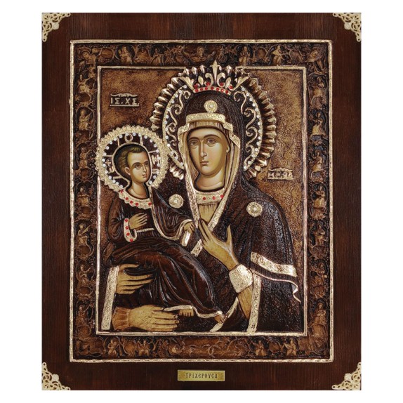 ΞΥΛΙΝΗ ΕΙΚΟΝΑ -ΠΑΝΑΓΙΑ ΤΡΙΧΕΡΟΥΣΑ- ΑΝΑΓΛΥΦΗ ΜΕ ΦΥΛΛΑ ΧΡΥΣΟΥ & ΠΕΤΡΕΣ ΖΙΡΓΚΟΝ - 33x39cm – Δημιουργεί αίσθηση πολυτέλειας χωρίς κό