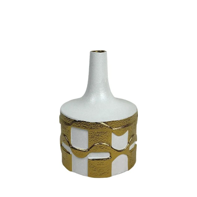 ΚΕΡΑΜΙΚΟ ΒΑΖΟ KONTO ΛΕΥΚΟ/ΧΡΥΣΟ ΑΝΑΓΛΥΦΑ ΓΕΩΜΕΤΡΙΚΑ ΣΧΗΜΑΤΑ ΜΕΓΑΛΟ - 24.1cm 1/8ΚΙΒ – Αναβαθμίζει άμεσα τον χώρο σου | iroots.gr