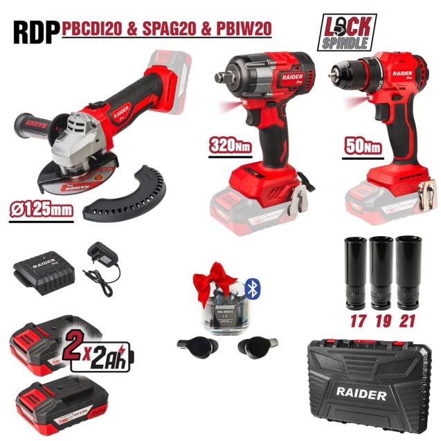 RAIDER R20 Σετ Γωνιακός τροχός,δραπανοκατσάβιδο & μπουλονόκλειδο 2x2Ah RDP-PBCDI20&SPAG20&PBIW20 030255 – Δίνει premium χαρακτήρ