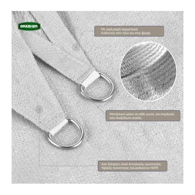 Πανί Σκίασης Τετράγωνο GRASHER 180gr/m² με Κρίκους Γκρι 3,