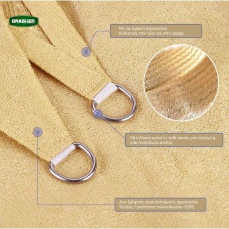 Πανί Σκίασης Τρίγωνο Ε220 180gr/m² 3,6x3,6x3,6m GRASHER Mε Κρίκους, μπεζ – Δίνει premium χαρακτήρα στο περιβάλλον | iroots.gr