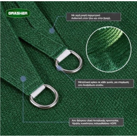 Πανί Σκίασης Τρίγωνο Ε220 180gr/m² 3,6x3,6x3,6m GRASHER Mε Κρίκους, πράσινο – Δίνει premium χαρακτήρα στο περιβάλλον | iroots.gr