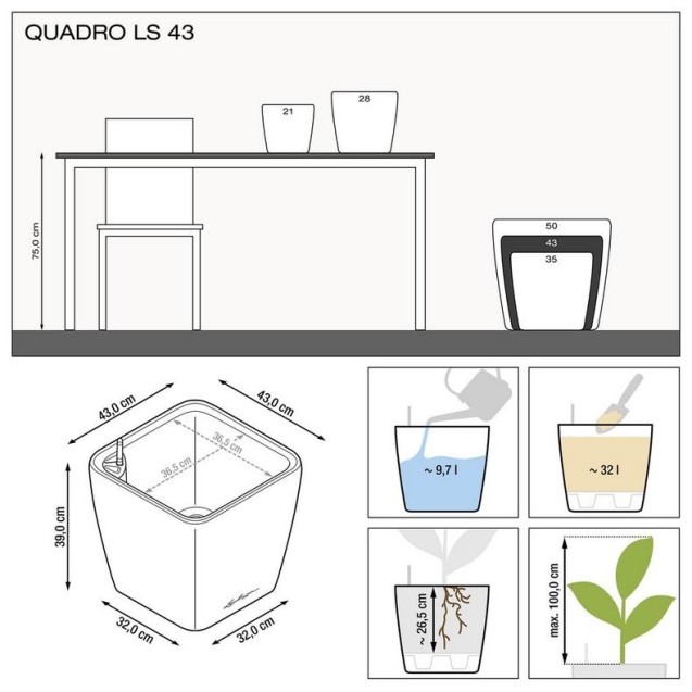 LECHUZA PREMIUM QUADRO LS 43 | Μεγάλη Γλάστρα Αυτοποτισμού